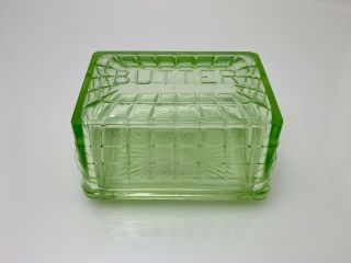 Anchor Hocking Block Optic Green Vaseline Uranium Glass 1 LB Butter Dish 1930s 4