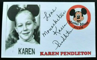 " Mickey Mouse Club " Karen Pendleton " Mouseketeer " Autographed 3x5 Index Card
