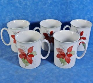 5 Block Spal China Poinsettia Mugs - Watercolors - Christmas Holiday - Euc