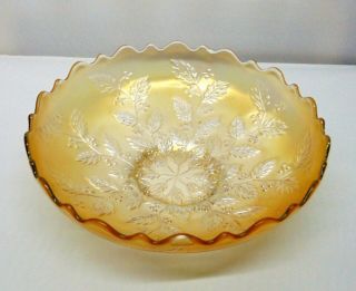 Fenton HOLLY Antique Carnival Glass Ruffled Bowl Iridescent Frosted White Yellow 2