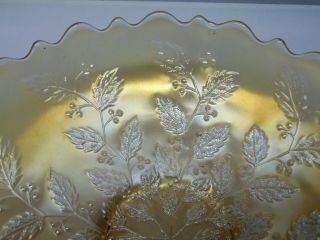 Fenton HOLLY Antique Carnival Glass Ruffled Bowl Iridescent Frosted White Yellow 4