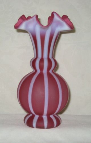 Fenton 1952 - 53 Satin Finish Cranberry Opalescent Rib Optic Vase