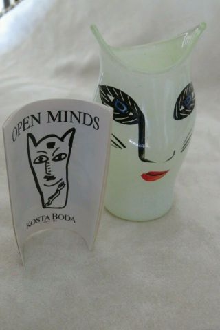 Kosta Boda Open Minds Ulrica Hv Art Glass Small Face Vase Whiskers 3.  5 "