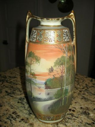 Rare Vintage Unusual Morimura Hand Painted Nippon 10 " Lake Scenic Vase