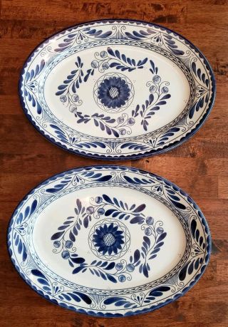 2 Anfora Puebla Blue White 12.  5” Oval Serving Platters Plate Mexico