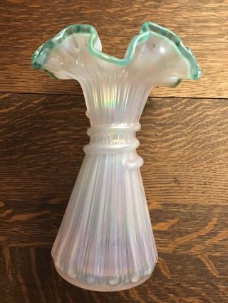 Fenton Pearl Opalescent W/ Green Silvercrest/ Wheat Vase