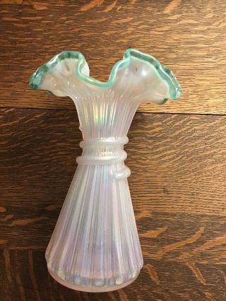 Fenton Pearl Opalescent W/ Green Silvercrest/ Wheat Vase 2