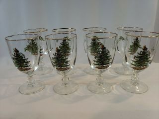 Set Of 8 Spode Christmas Tree Pattern Footed Water Iced Tea Goblets -