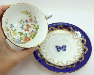 Blue Aynsley Tea Cup And Saucer Flowers And Butterfly