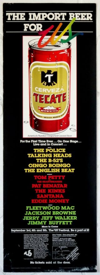 Us Festival 1982 Tecate Beer Promo Banner W/fleetwood Mac,  The Police,  Tom Petty