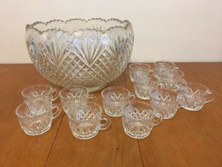 Large Vintage Cut Glass Punch Bowl Set 12 Cups