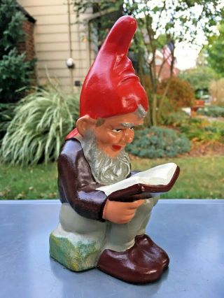 Vtg Heissner Gnome Statue Reading Hand Painted