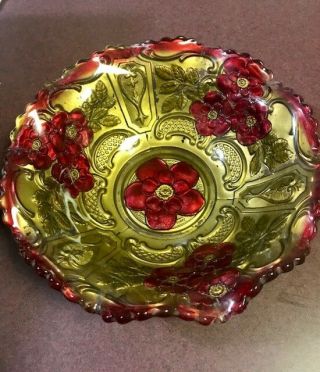 Ruby Red & Gold Carnival Glass Bowl Dogwood Floral Design Ruffled Scalloped Edge