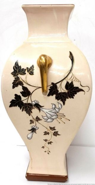 Antique Sarreguemines Porcelain Dble Handled Stork French Art Pottery Vase 642 5