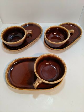 Vintage Set Of 3 Hull Brown Drip Snack Soup & Sandwich Snack Bowl And Plate Euc