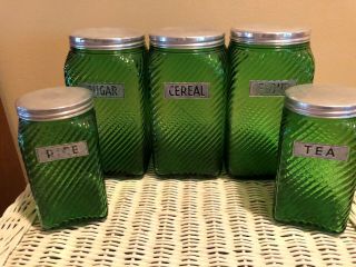 Set Vintage Green Glass Swirl Hoosier Jars & Lids 7 " & 5 " Depression Canisters