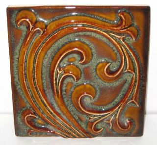 Rookwood Pottery Faience Arts & Crafts Tile Relief Brown Victorian Swirl
