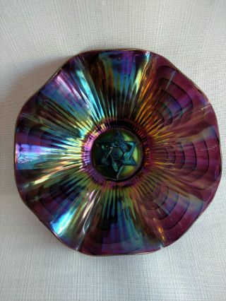 Imperial Star Of David Antique Carnival Art Glass Ruffled Bowl Purple