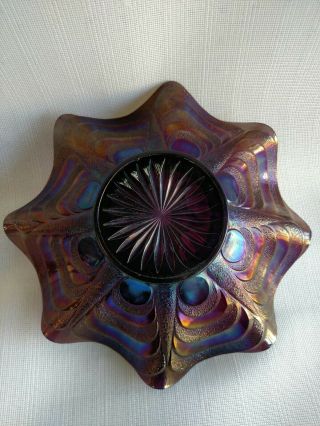 Imperial STAR OF DAVID ANTIQUE CARNIVAL ART GLASS RUFFLED BOWL PURPLE 2