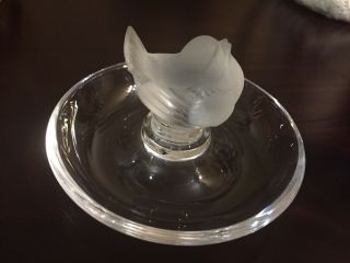 Signed Lalique France Crystal Frosted Bird Art Glass Ring Bowl / Pin / Dish