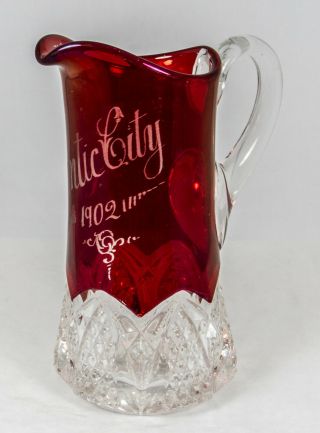 Antique Ruby Flash Glass Pitcher 1902 Atlantic City Eapg Button Arch 7.  5 " Tall