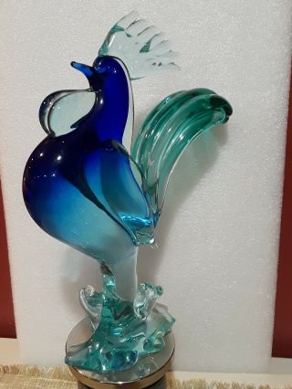 Art Glass - Aqua Blue Green Glass - Rooster/chicken Ombre Glass 8 " High