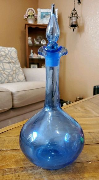 Vintage Mid Century Modern Blenko Decanter Blue Art Glass Genie Bottle 13 "