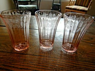 3 Vintage Cherry Blossom Depression Glass Pink 12 Oz Ice Tea Tumblers Flat 5 "