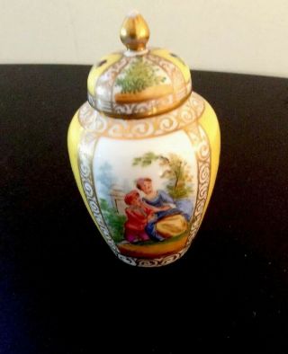 Antique Dresden Germany Richard Klemm Quatrefoil Miniature Covered Urn 3.  50”