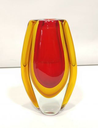 Art Deco Heavy Red Orange Handblown Glass Art 9 " High Vase