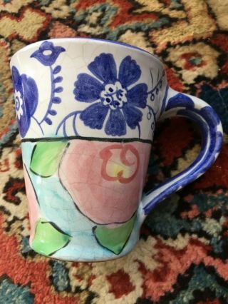 Damariscotta Pottery Blue And Pink Flower Mug Rare And Lovely
