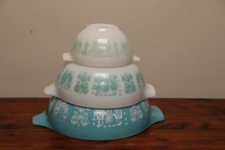 3 Vintage Pyrex Turquoise Mixing Nexting Bowls Amish Butterprint 441 443 444