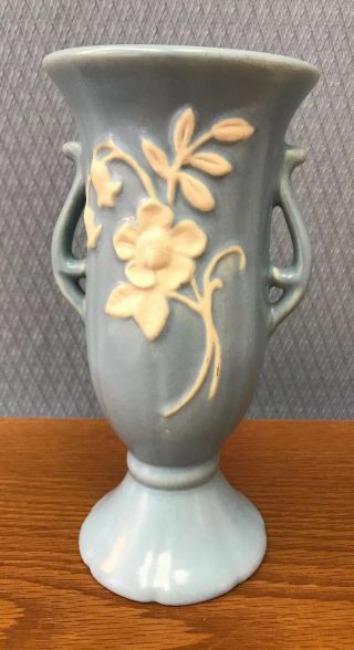 Vintage Weller Art Pottery Vase Blue W/cameo White Flowers Double Handles