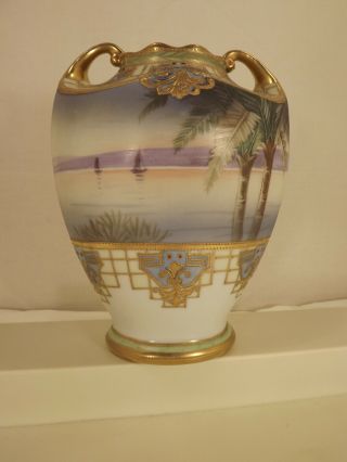 Antique Hand Painted Nippon Moriage Morimura Bros.  Double Handled Vase Seascape