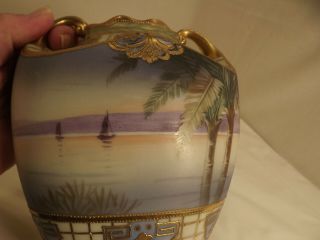Antique Hand Painted Nippon Moriage Morimura Bros.  Double Handled Vase Seascape 7
