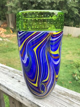 Vintage Multi - Color Art Glass Vase With Green Bubble Glass Rim Thick - Walled 11 "