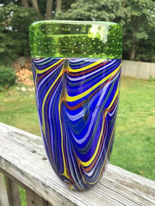 Vintage Multi - Color Art Glass Vase with Green Bubble Glass Rim Thick - Walled 11 