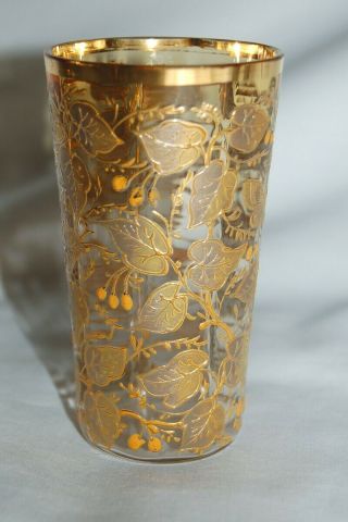 Antique Moser Art Glass Octagonal Tumbler Enameled Gold Gilt Leaves Bird