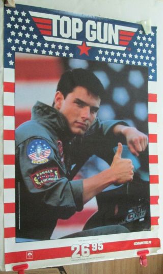 Vintage 1986 Top Gun Tom Cruise Vhs Video Store Poster 23x35in.  Worn 80s Jets