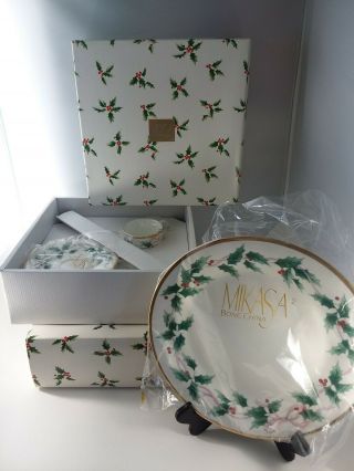 2 Nib Mikasa Ribbon Holly 3 Pc Plate Setting Caf03/703 Dinner Plate Cup Saucer