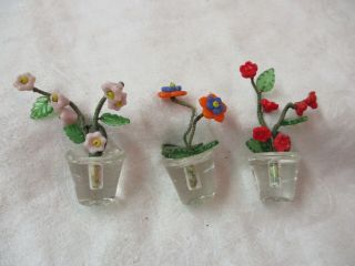 Antique Czechoslovakia 3 Glass Mini Place Card Holders Flower Pots Pink Red
