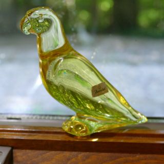 Vintage Baccarat France Yellow Crystal Parrot Figurine 4 " Signed W/paper Sticker