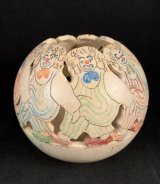 Vintage Folk Art Ceramic Pottery Clown Planter Pot Candle Votive Signed Joyce