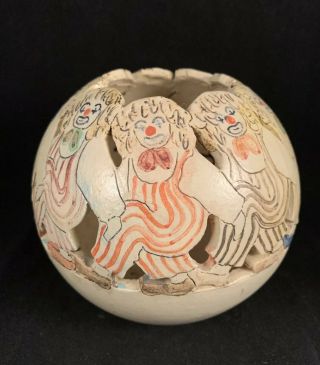 Vintage Folk Art Ceramic Pottery Clown Planter Pot Candle Votive Signed Joyce 2