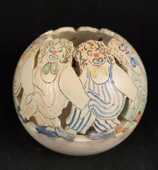 Vintage Folk Art Ceramic Pottery Clown Planter Pot Candle Votive Signed Joyce 3