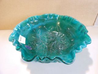 Vintage Imperial Blue - Green Slag Glass Bowl With Open Rose Pattern