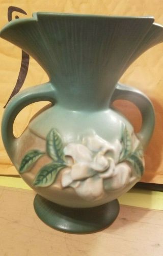 Antique Green Roseville Pottery Gardenia Double Handle Vase 684 - 8 "