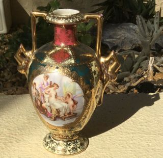 German Antique Hand Painted Porcelain Vase / Nudes & Cherubs