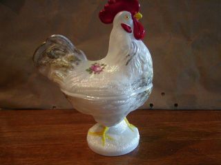 Vintage Westmoreland Opalescent Milk Glass Rooster Hand Painted Flower Gold Trim