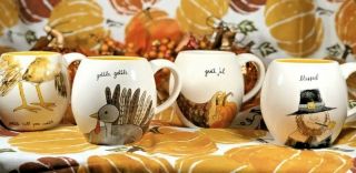 Rae Dunn Thanksgiving Mug Set Of 4 Grateful Gobble Wobble Blessed -